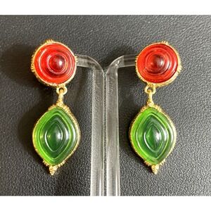 Mogul Dangle Earrings Statement Cabochon Gold Tone Red Signed Kovonchy New